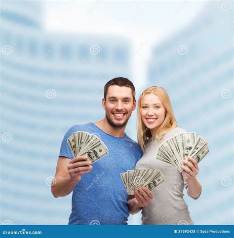 Smiling Couple Holding Dollar Cash Money Stock Photo Image Of