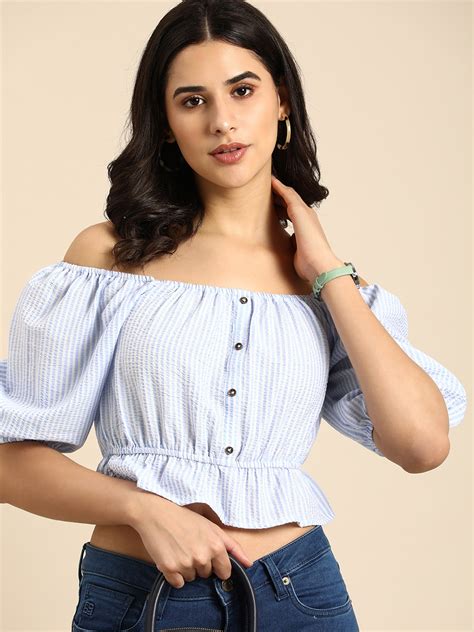 Buy All About You Striped Off Shoulder Puff Sleeve Peplum Top Tops