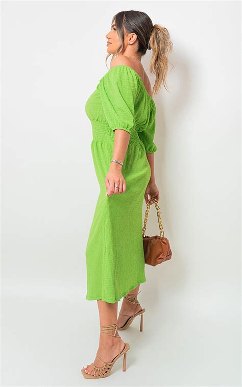 Green Isabelle Off Shoulder Shirred Waist Mini Dress Ikrush