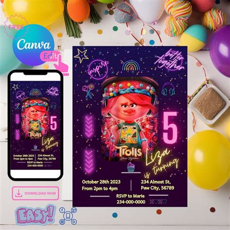 Invitación de cumpleaños troll tema de fiesta troll Etsy México