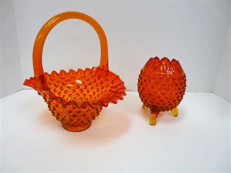 Vintage Fenton Hobnail Orange Ruffle Basket And Fenton Orange Etsy Fenton Glass Art Glass