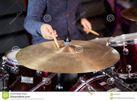 Drummer Striking Cymbal With Drumstick Stock Photo Image Of