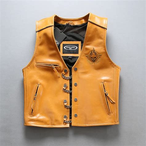 Harley Angel Skulls Genune Leather Vest Men Yellow Sleeveless