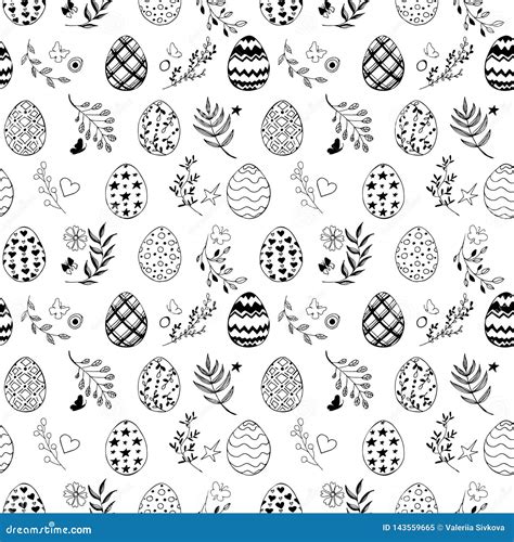 Seamless Easter Pattern With Ornamental Black Hand Drawn Eggs Leaves