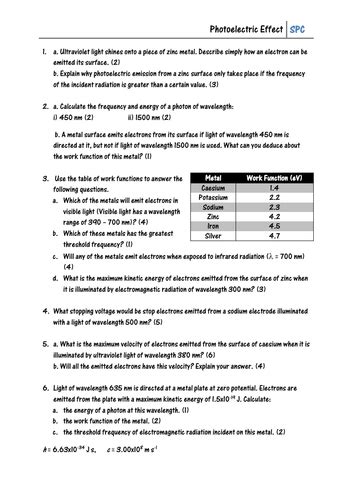 Photoelectric Effect And Calculations Worksheet Teaching Resources