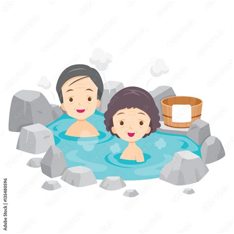 Old Man And Woman Relaxing In Hot Spring Bath Onsen Japanese Culture Healthy Season Body