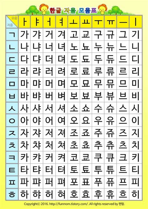 한글 자음모음표 프린트하기 교육 문구 학습 활동 공부