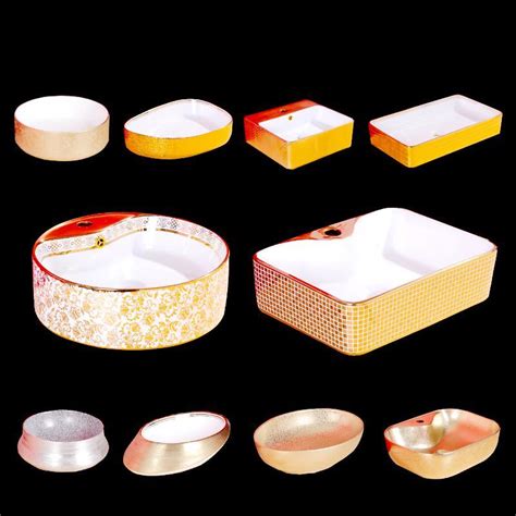 Golden Decal Pattern Ceramic Wash Basin Sink Sanitary Ware Colorful