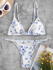 Zaful Ribbed Floral String Bikini Swimwear In White Zaful