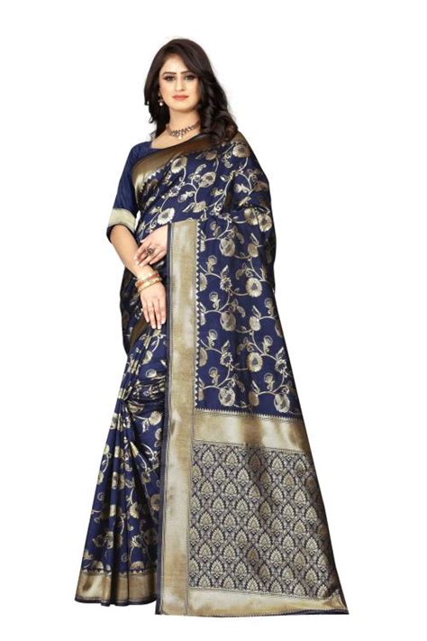 Anjaneya Sarees Navy Blue Designer Banarasi Silk Saree JioMart