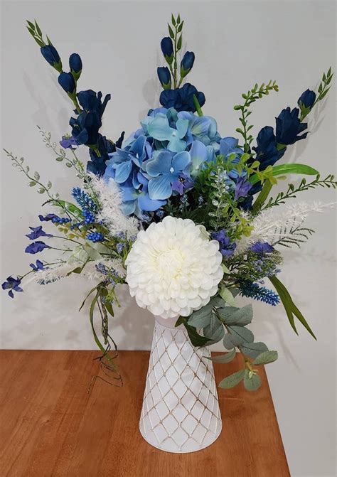 Blue and White Flower Arrangement, Watering Can Arrangement, Blue and ...