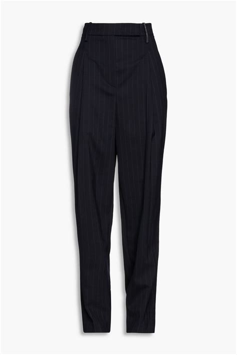 BRUNELLO CUCINELLI Bead Embellished Pinstriped Wool Blend Tapered Pants