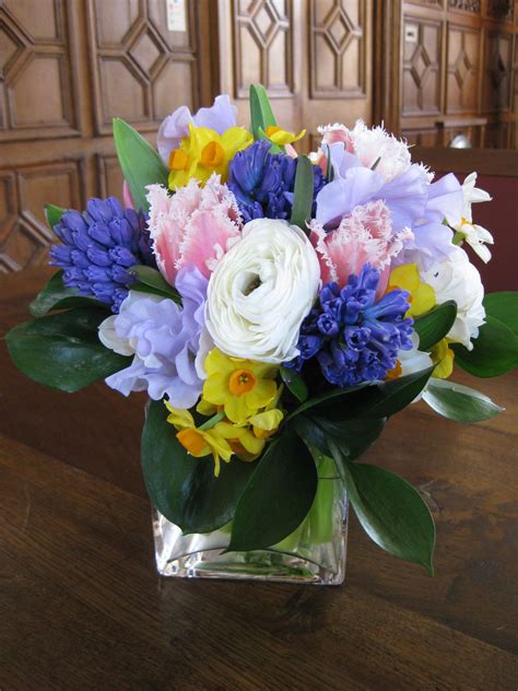 Blue Hyacinths Tulips And Daffodil Arrangement