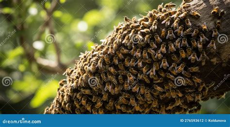 A Swarm Of Bees Buzzing Around A Hive Made Of Honeycomb Concept Of