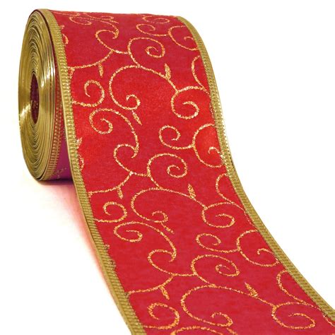 Wired Red Christmas Ribbon 40 FEET 2 1/2" Wide Satin & Gold Glitter ...