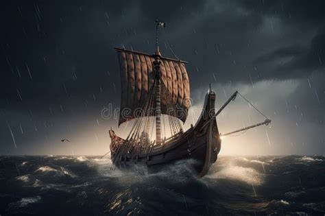 Viking Ship Sails on Stormy Sea, with Lightning Bolts Flashing in the Sky Stock Image - Image of ...