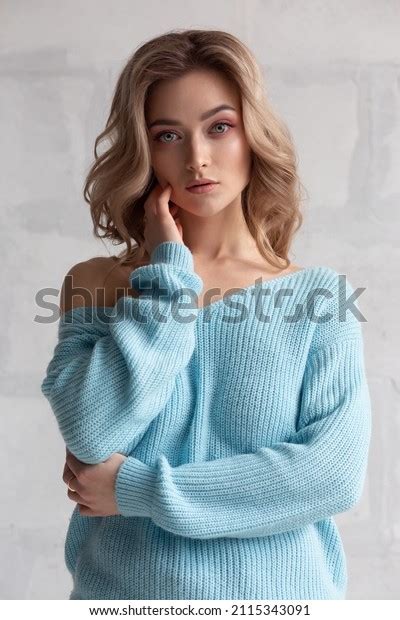 Sexy Blonde Girl Blue Knitted Sweater Stock Photo 2115343091 Shutterstock