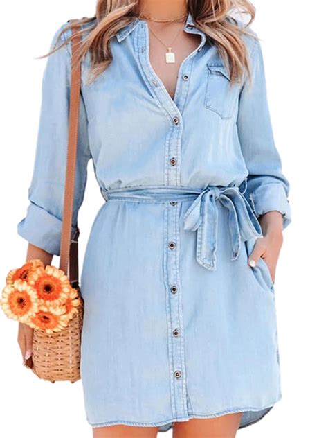 Huakaishijie Women Denim Blouse Mini Dress Button Down Lapel Long