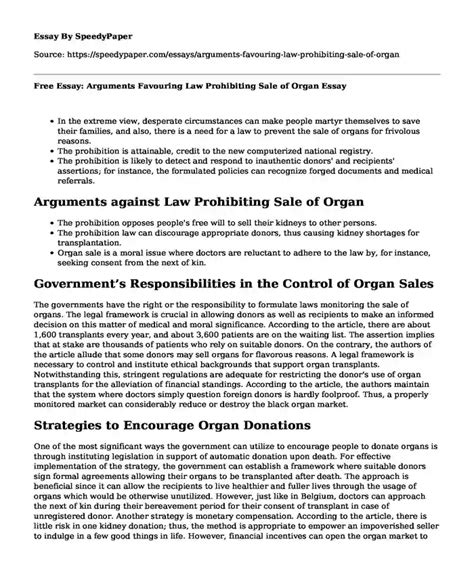 Free Essay Arguments Favouring Law Prohibiting Sale Of Organ