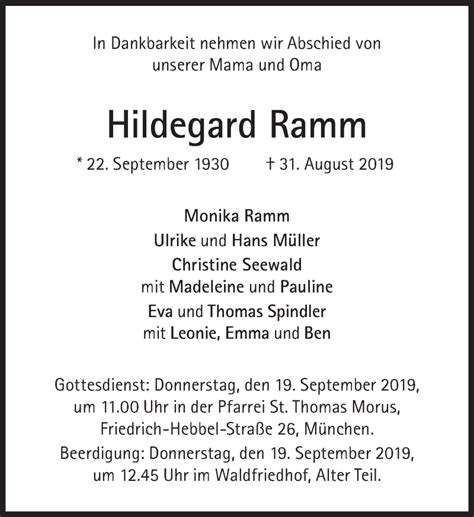 Traueranzeigen Von Hildegard Ramm Sz Gedenken De