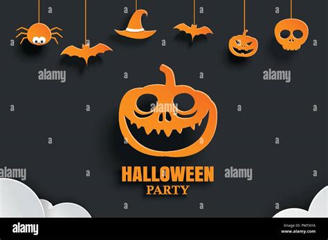 Halloween orange paper hanging in dark background. Use for invitation ...