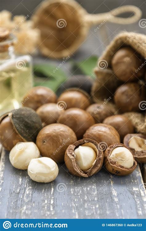 Organic Macadamia Nut On Wooden Table Vintage Filter Stock Photo