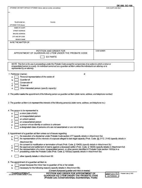 DE 350 GC 100 PETITION And ORDER For APPOINTMENT Of GUARDIAN AD LITEM