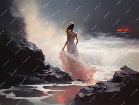 Premium Photo Painting Of A Woman In A White Dress Standing On A Rocky Beach Generative Ai