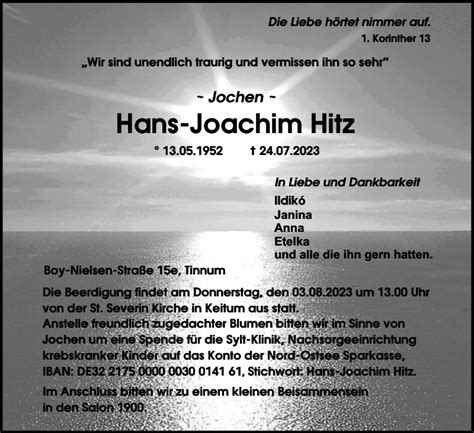 Traueranzeigen Von Hans Joachim Hitz Sh Z Trauer