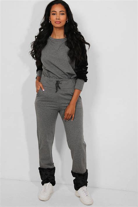 Dark Grey Faux Fur Details Tracksuit Singleprice