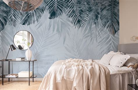 Jungle Leaf Blue Watercolor Wallpaper Happywall