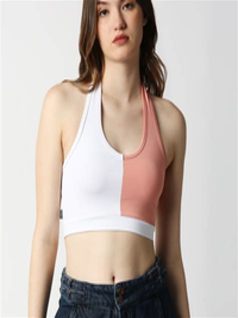 Buy Disrupt Women White And Peach Coloured Slim Fit Halter Neck Bralette Crop Top Tops For Women