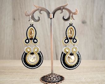 Nude Dangle Earrings Glamour Vitrail Dangle Earrings With Crystals Handmade Soutache Earrings