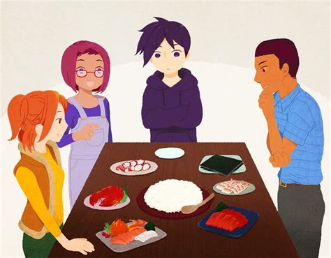 Stardew Valley art > family dinner : Robin, Maru, Sebastian, Demetrius ...