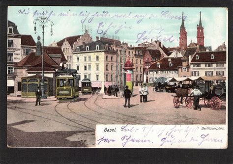 Basel Barfüsserplatz Tram Kutschen belebt gel 1905 Kaufen