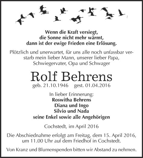 Traueranzeigen Von Rolf Behrens Abschied Nehmen De