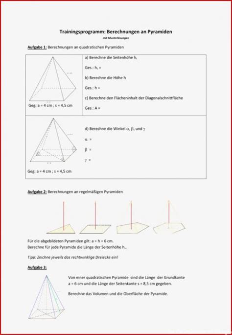Arbeitsblatt Mit L Sungen Berechnungen An Pyramiden Kostenlose