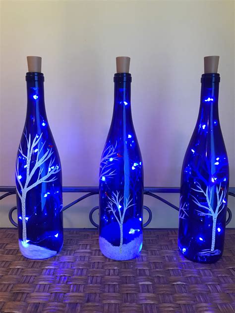 Botella De Vino Azul Iluminado Pintada A Mano Con Abedul Y Etsy