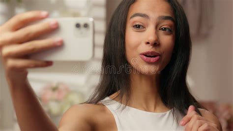 Smiling Latina Hispanic Woman Beauty Fashion Model Blogger Influencer In Bathroom Record Selfie