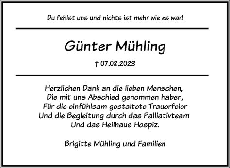 Traueranzeigen von Günter Mühling Trauer HNA de