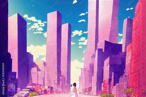 anime girl standing in front of a futuristic city with very big towers ...