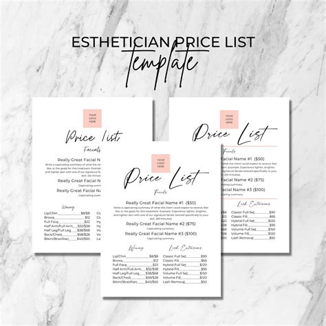 Editable Esthetician Price List Menu Template Day Spa Price List Menu