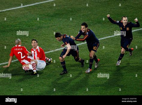 Spain S David Villa Third From Left Celebrates With Spain S Cesc