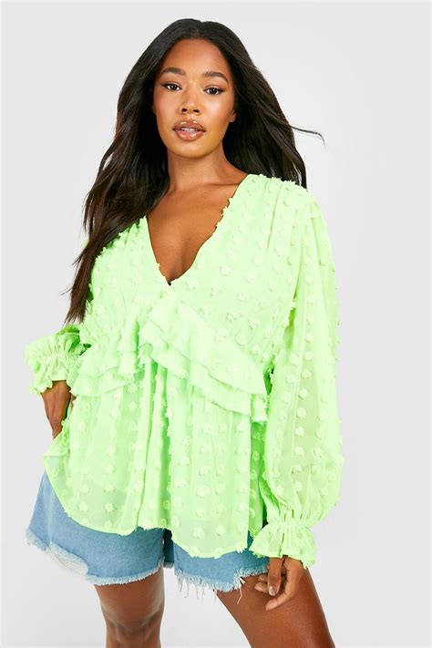 Lime Plus Large Dobby Ruffle Chiffon Smock Top Boohoo Uk