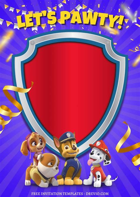 Paw Patrol Birthday Card With Three Puppies And A Red Shield That Says