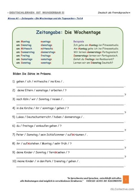 15 Tageszeiten Deutsch DAF Arbeitsblätter pdf doc