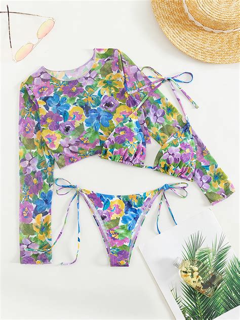 SHEIN Swim Vcay Floral Print Halter Triangle Bikini Swimsuit With Cover