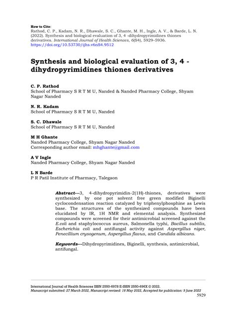 PDF Synthesis And Biological Evaluation Of 3 4 Dihydropyrimidines