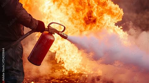 Man Using Fire Extinguisher Fighting Fire Closeup Photo Stock Photo