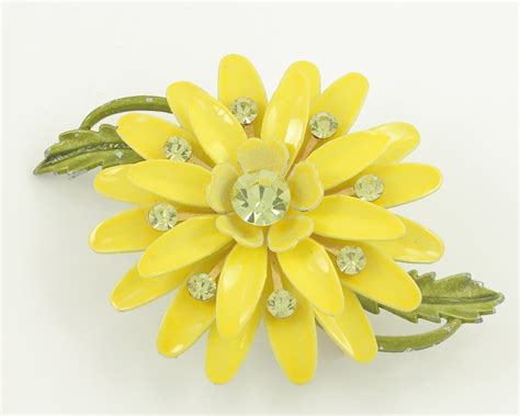 Vintage Enamel Rhinestone Flower Brooch Sixties Mod Yellow Flower